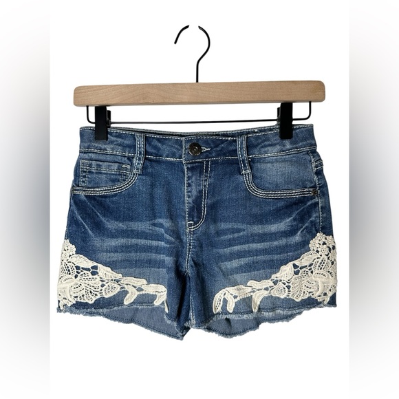 Mudd Other - Mudd Girls Size 14 Denim Shorts Blue Lace Trim Cutoff Jean Shorts Distressed
